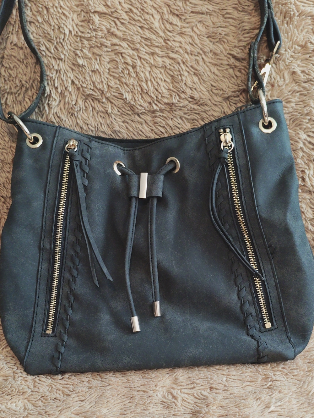 Rosetti Everyday Black Drawstring Shoulder Bag with Zip Accents